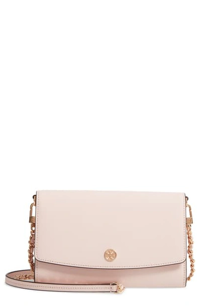 Tory Burch Robinson Croc Embossed Leather Wallet On A Chain In Mineral Pink/gold