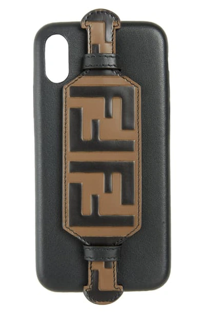 Fendi Logo Iphone X Leather Case In Nero/ Maya Nero