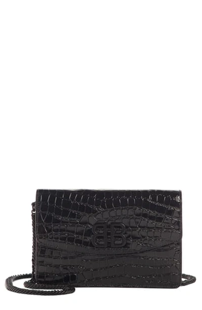 Balenciaga Bb Croc Embossed Leather Wallet On A Chain In Black
