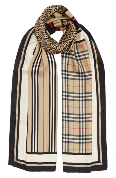 Burberry Monogram, Icon Stripe And Check Mixed Print Silk Scarf In Archive Beige