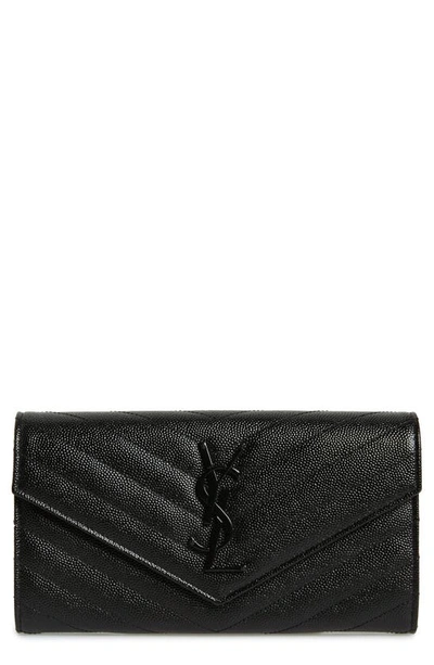 Saint Laurent Ysl Monogram Large Flap Wallet In Grained Leather In Black
