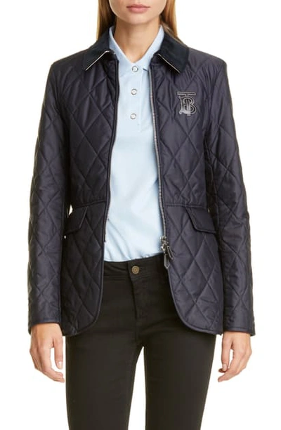 Burberry Ongar Monogram Motif Quilted Coat In Navy