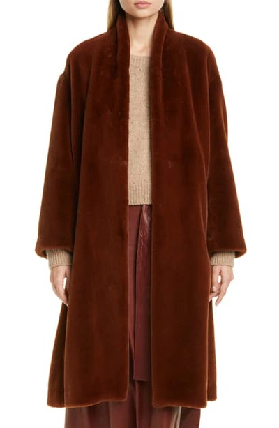 Vince Belted Faux Fur Coat In Mahogany