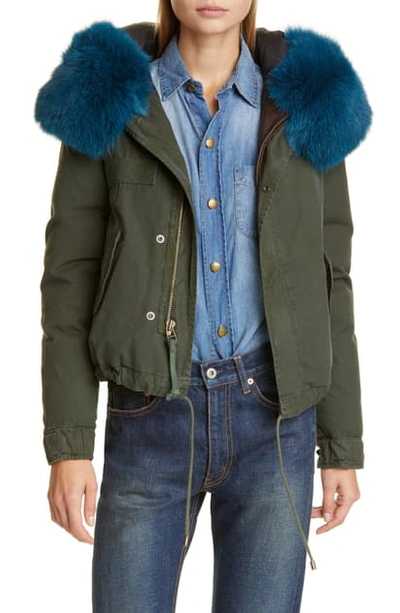 Mr & Mrs Italy Short Down Army Jacket With Genuine Fox Fur Trim In London Green