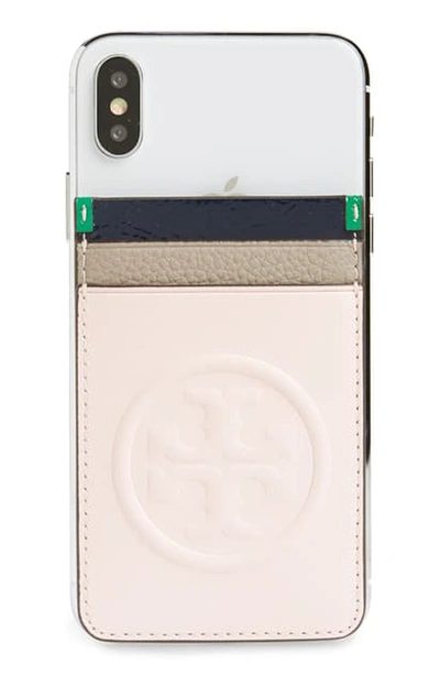 Tory Burch Bombe Logo Card Sticker Phone Pocket In Shellpink/gray/navy/vineyard