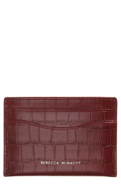 Rebecca Minkoff Croc Embossed Leather Card Case In Pinot Noir