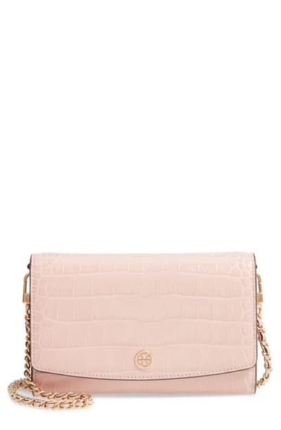 Tory Burch Robinson Croc Embossed Leather Wallet On A Chain In Mineral Pink/gold