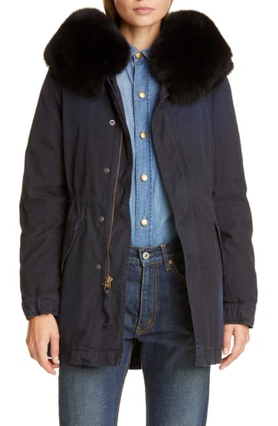 Mr & Mrs Italy Hooded Cotton Parka With Removable Genuine Fox Fur Trim In Midnight Blue