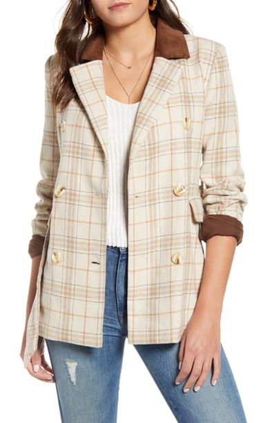 Joa Check Print Double Breasted Jacket In Beige