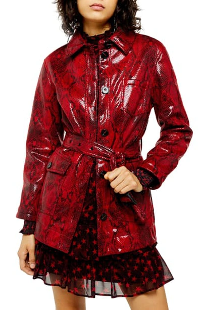 Topshop Casey Snake Print Belted Vinyl Coat In Red Multi