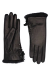 AGNELLE SIDE TIE GENUINE RABBIT FUR LINED LAMBSKIN LEATHER GLOVES,ALIETTE