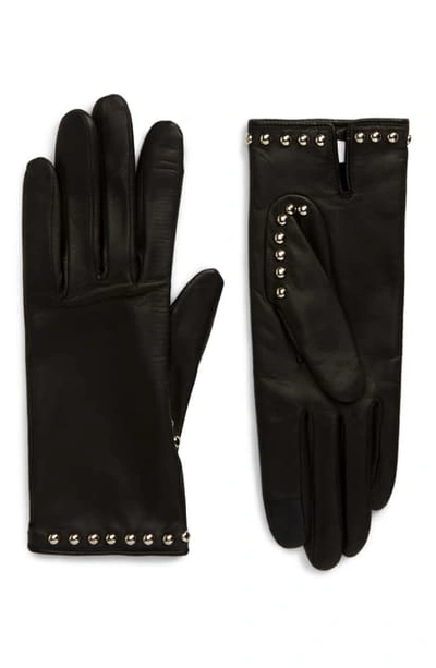 Agnelle Studded Lambskin Leather Gloves In Black/ Silver