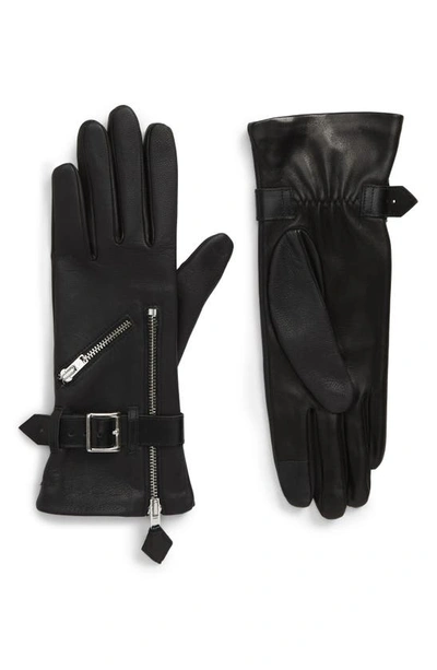 Agnelle Moto Zip Lambskin Leather Gloves In Black/ Silver