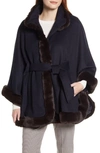 Ellen Tracy Wool Blend Cape Coat With Faux Fur Trim In Navy