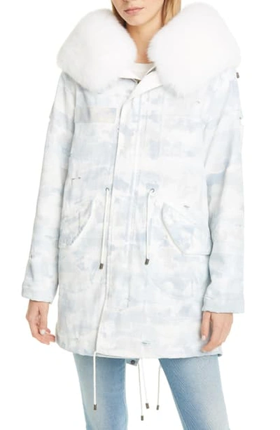 Mr & Mrs Italy Distressed Army Jacket With Removable Genuine Fox Fur Trim In White