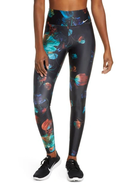 Nike Power Dri-fit Floral Print High Waist Training Tights In Lt Current Blue/ White