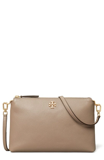 Tory Burch Kira Small Pebbled Leather Top-zip Crossbody In Gray Heron/gold