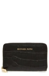 Michael Michael Kors Small Jet Set Croc Embossed Leather Card Case In Black