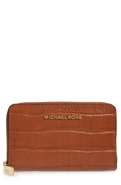 Michael Michael Kors Jet Set Small Zip-around Croco Card Case Wallet In Chestnut
