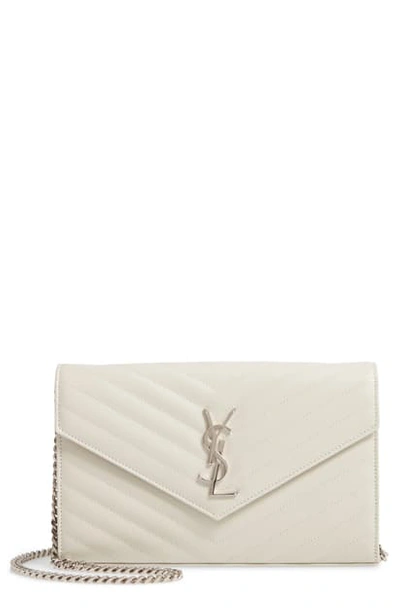 Saint Laurent Monogramme Quilted Leather Wallet On A Chain In Blanc Vintage