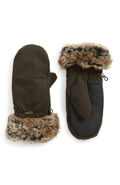 Barbour Waterproof Waxed Cotton Mittens With Faux Fur Cuffs In Olive