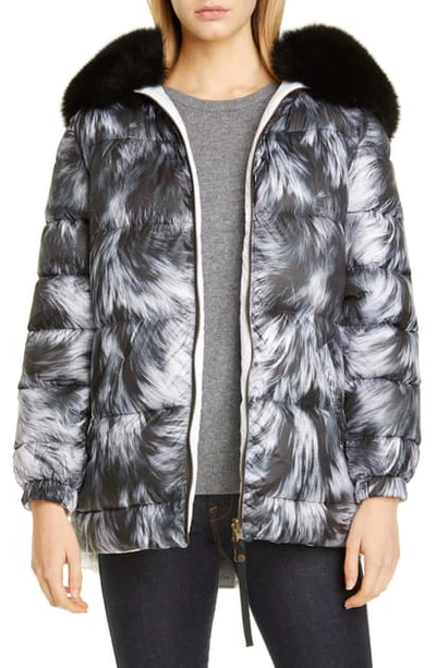 Mr & Mrs Italy Reversible Fur Print Down Puffer Coat With Removable Genuine Fox Fur Trim In Black/ White