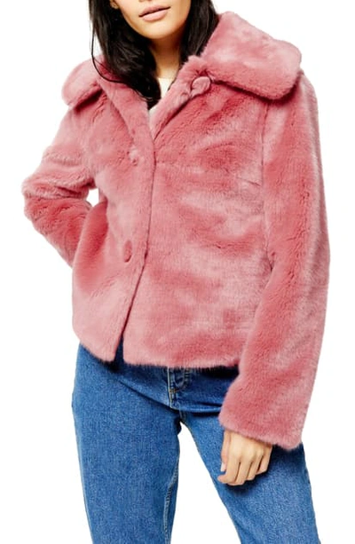 Topshop Anne Faux Fur Crop Coat In Rose