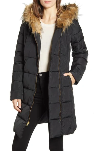 Cole Haan Faux-fur-trim Hooded Asymmetrical Down Puffer Coat In Black
