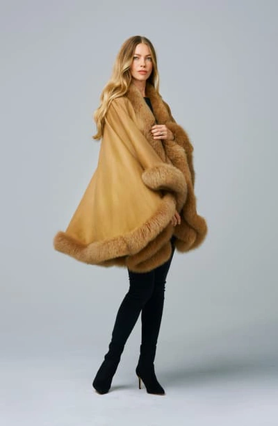 Sofia Cashmere Genuine Fox Fur Trim Cashmere Cape In Camel