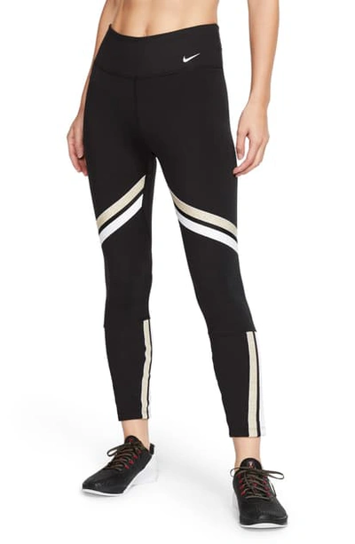 Nike Women's One Icon Clash Dri-fit Metallic-stripe Leggings In Black/ Metallic Gold/ White