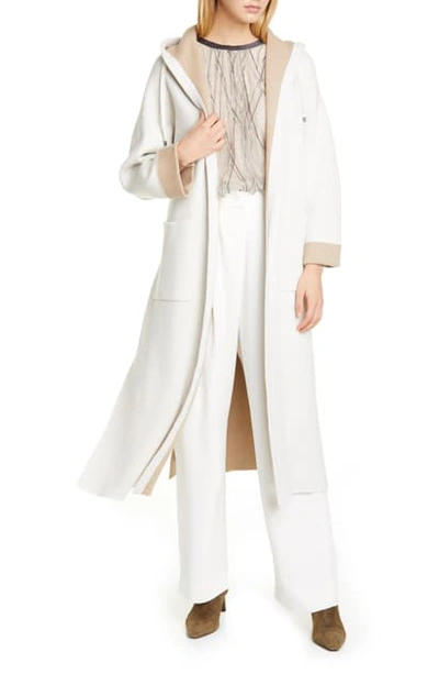 Brunello Cucinelli Double Face Cashmere Blend Sweater Coat In White Camel