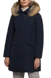 Woolrich Modern Vail 700 Fill Power Down Coat With Genuine Coyote Fur Trim In Midnight Blue