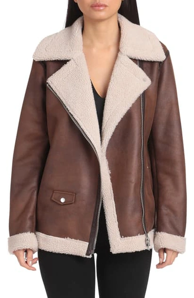 Avec Les Filles Faux Leather Coated Faux Shearling Lined Biker Jacket In Vintage