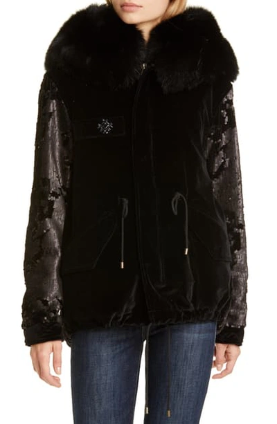 Mr & Mrs Italy Sequin Embellished Velvet Coat With Removable Genuine Fox Fur Trim In Black