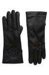Tory Burch Miller T-logo Leather Gloves In Black