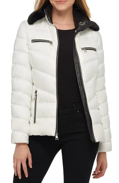 Karl Lagerfeld Faux Fur Collar Short Puffer Jacket In White