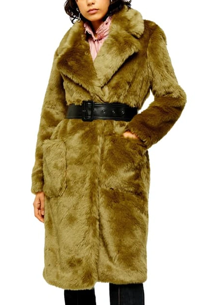 Topshop Idol Belted Faux Fur Coat In Lime