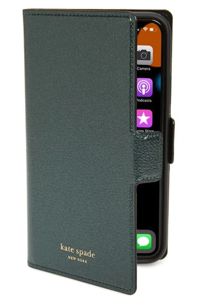 Kate Spade Sylvia Magnetic Wrap Iphone X/xs/xs Max & Xr Folio In Deep Evergreen Metallic
