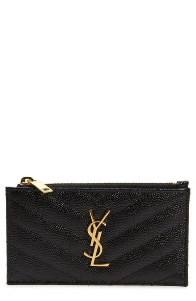 Saint Laurent Pebbled Leather Zip Card Case In Noir