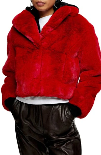 Topshop Faux Fur Crop Jacket In Red
