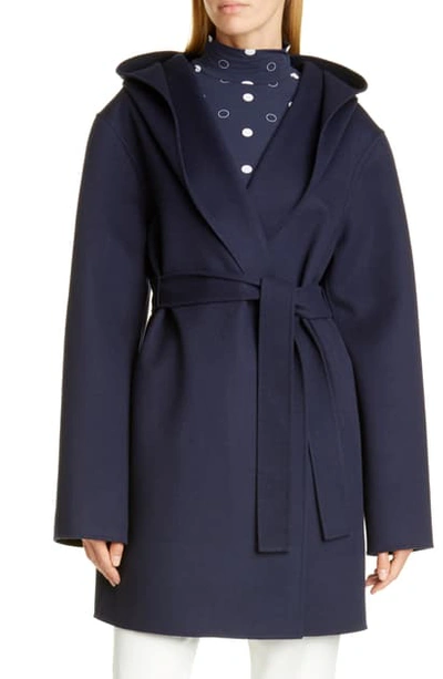 St John Hooded Wool & Cashmere Double Face Coat In Navy