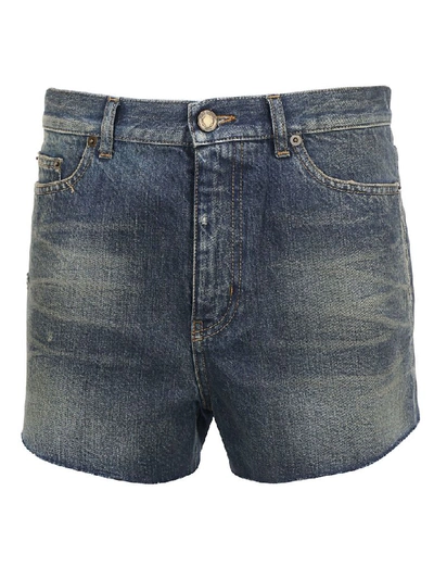 Saint Laurent High Waist Cotton Denim Shorts In Blue