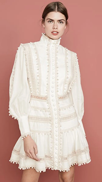 Zimmermann Super Eight Corded Ruffle-hem Linen Mini Dress In White