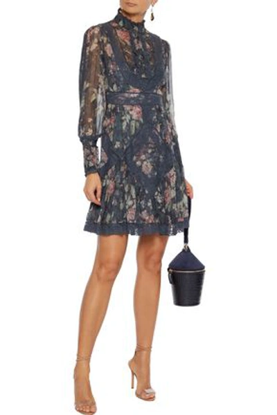 Zimmermann Lace-trimmed Floral-print Silk-chiffon Mini Dress In Charcoal
