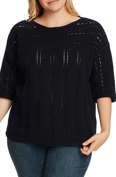 Vince Camuto Plus Size Cotton Open-stitch Boatneck Sweater In Caviar