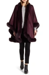 Sofia Cashmere Genuine Fox Fur Trim Cashmere Cape In Plum