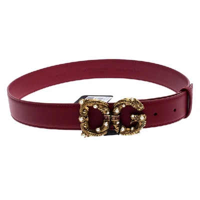 Pre-owned Dolce & Gabbana Red Leather Dg Amore Belt 80cm