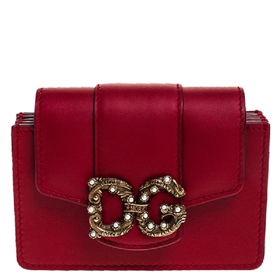 Pre-owned Dolce & Gabbana Red Leather Dg Amore Card Holder