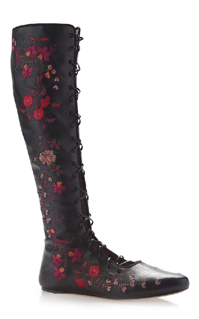Etro Black Floral Embroidered Leather Flat Front Lace Boots