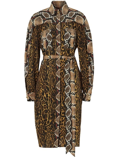 Burberry Belted Animal-print Silk-crepe Dress In Brown,black